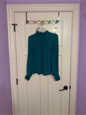 Women's Teal Long-Sleeve Pleated Mock-Neck Blouse